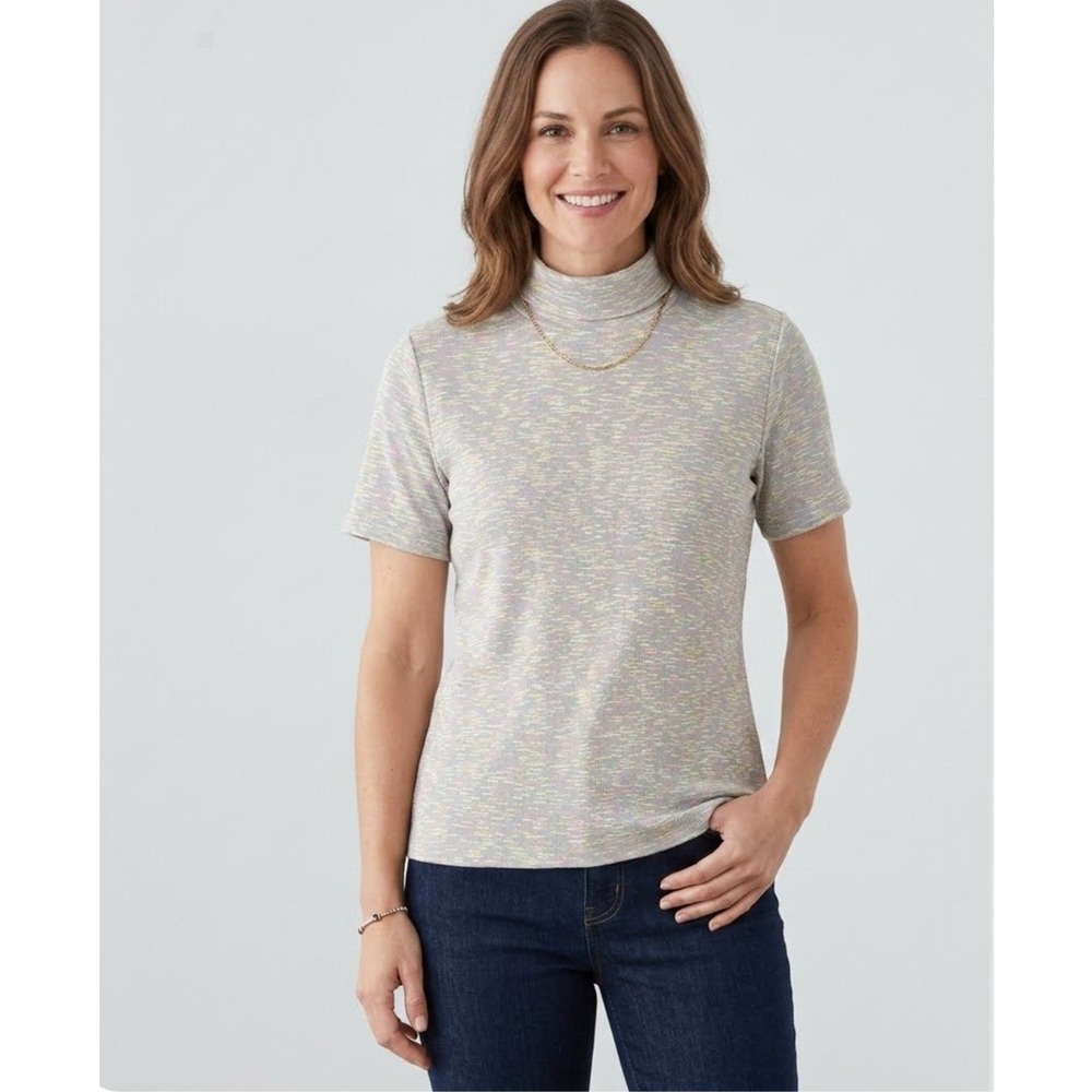 Women's Space Dye Mock Neck Ribbed Knit Short Sleeves Top Plus Sz 22/24 Preppy